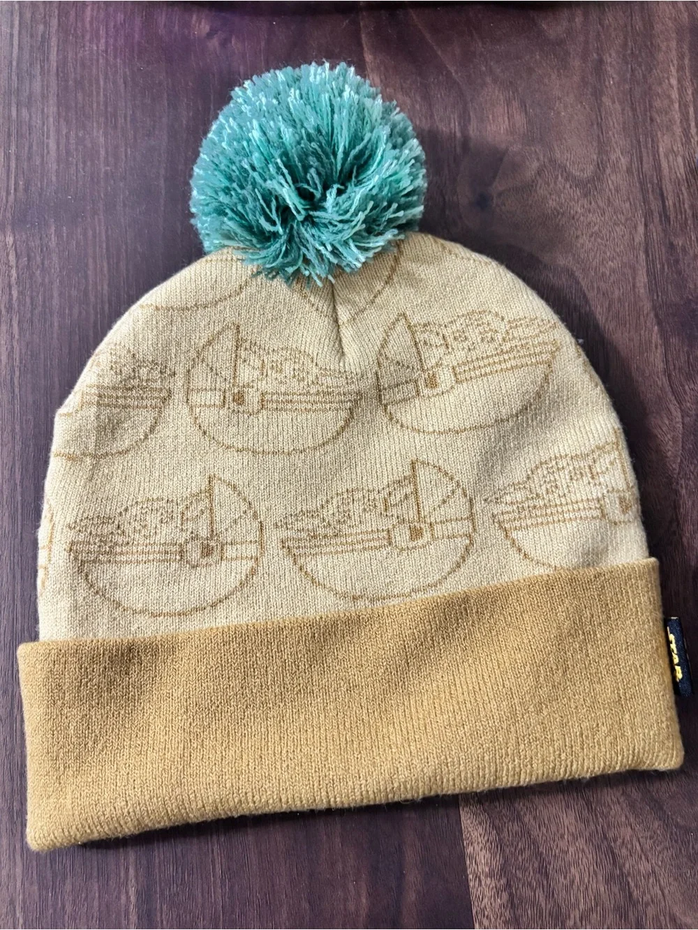 Star Wars Mustard Yellow Beanie with Green Pom Pom and Grogu Patch
